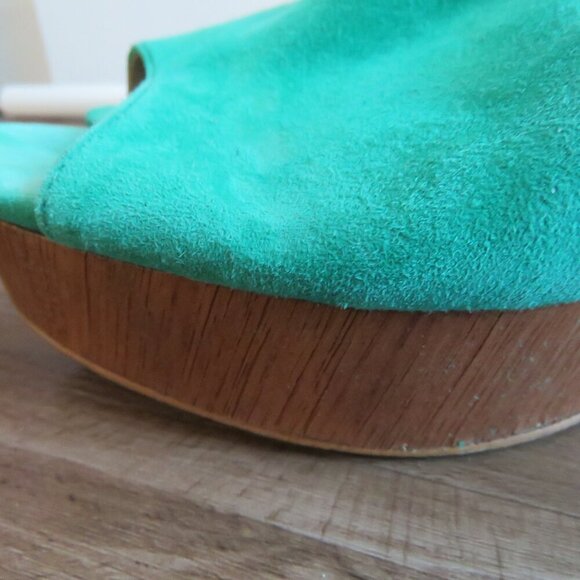 ANTHROPOLOGIE Bow Back Wooden Wedge Peeptoe Sandals in Kelly Green - Size US 10 - Picture 5 of 15